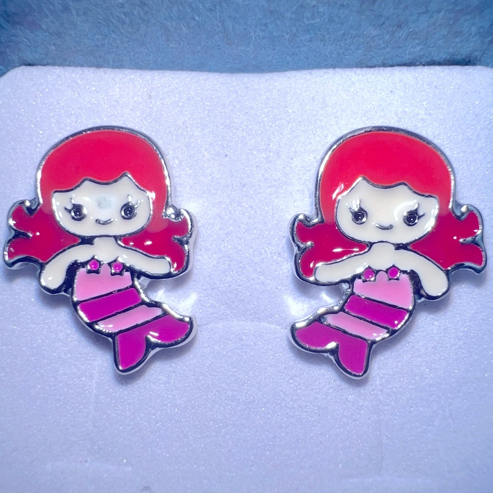 MERMAID STUD EARRINGS FOR THE MERMAID GIRLS ENAMEL PINK SURFING & SWIMMING